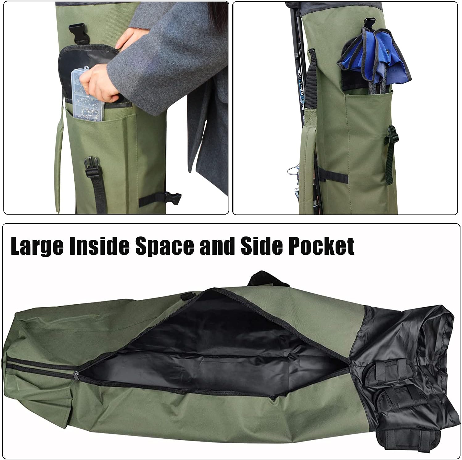 JSHANMEI Fishing Pole Bag with Rod Holder Canvas Carrier Bag Fishing Rod Reel Organizer Bag Foldable Fishing Tackle Storage Bag Travel Case Fishing Gifts for Men