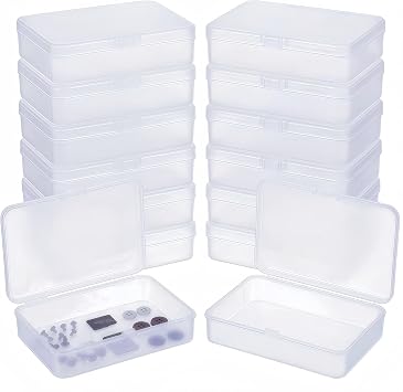 LJY 12 Pack Plastic Storage Boxes with Lids 11.5 x 8.5 x 2.8 cm   Frosted White Rectangular Small Containers for Diamond Art Accessories, Beads, Crafts and Hardware, Stackable Organiser Box Set