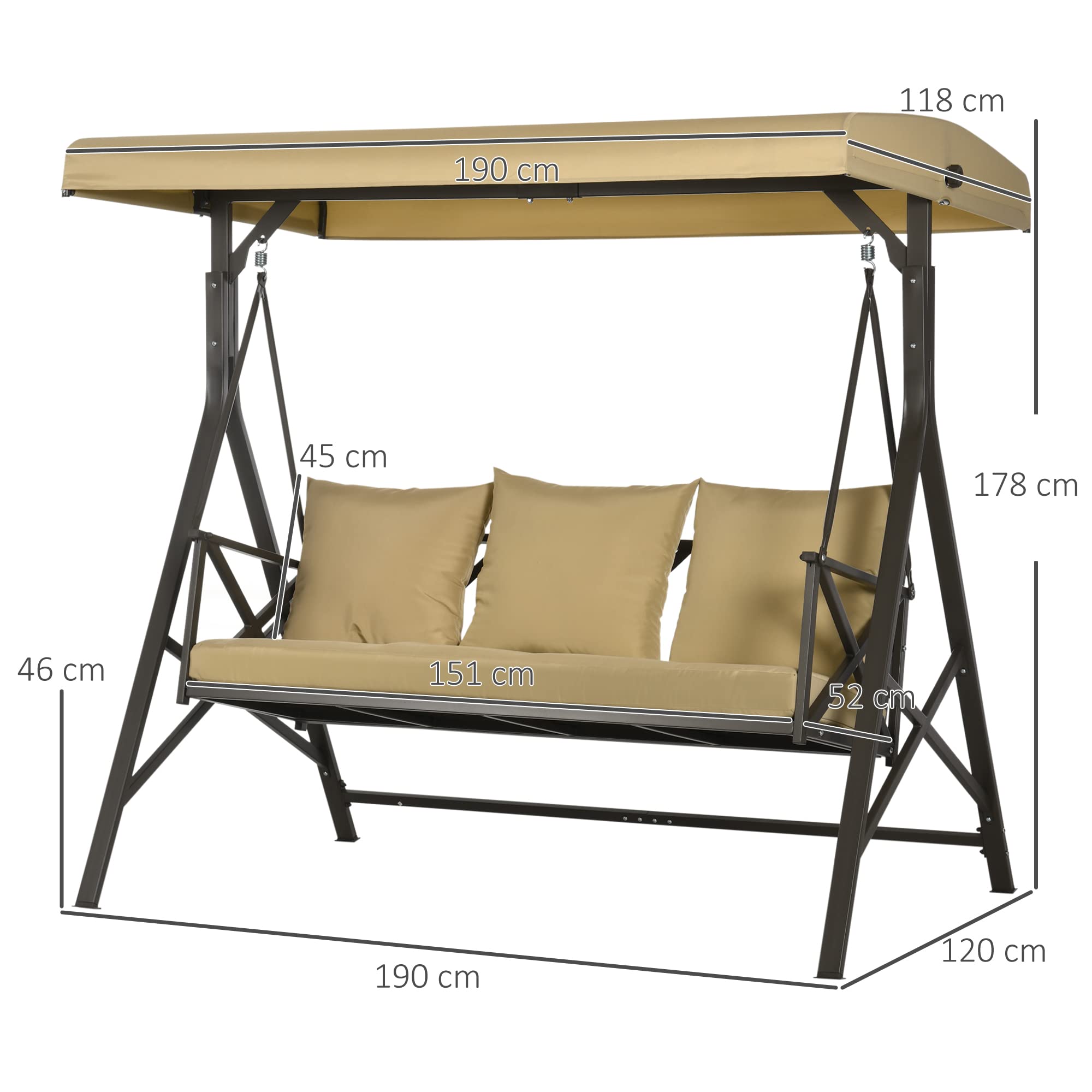 Outsunny Dondolo da Giardino 3 Posti in Acciaio e Poliestere con Tettuccio Inclinabile e Cuscini per Seduta e Schienale, 190x120x178 cm, Marrone e Kaki