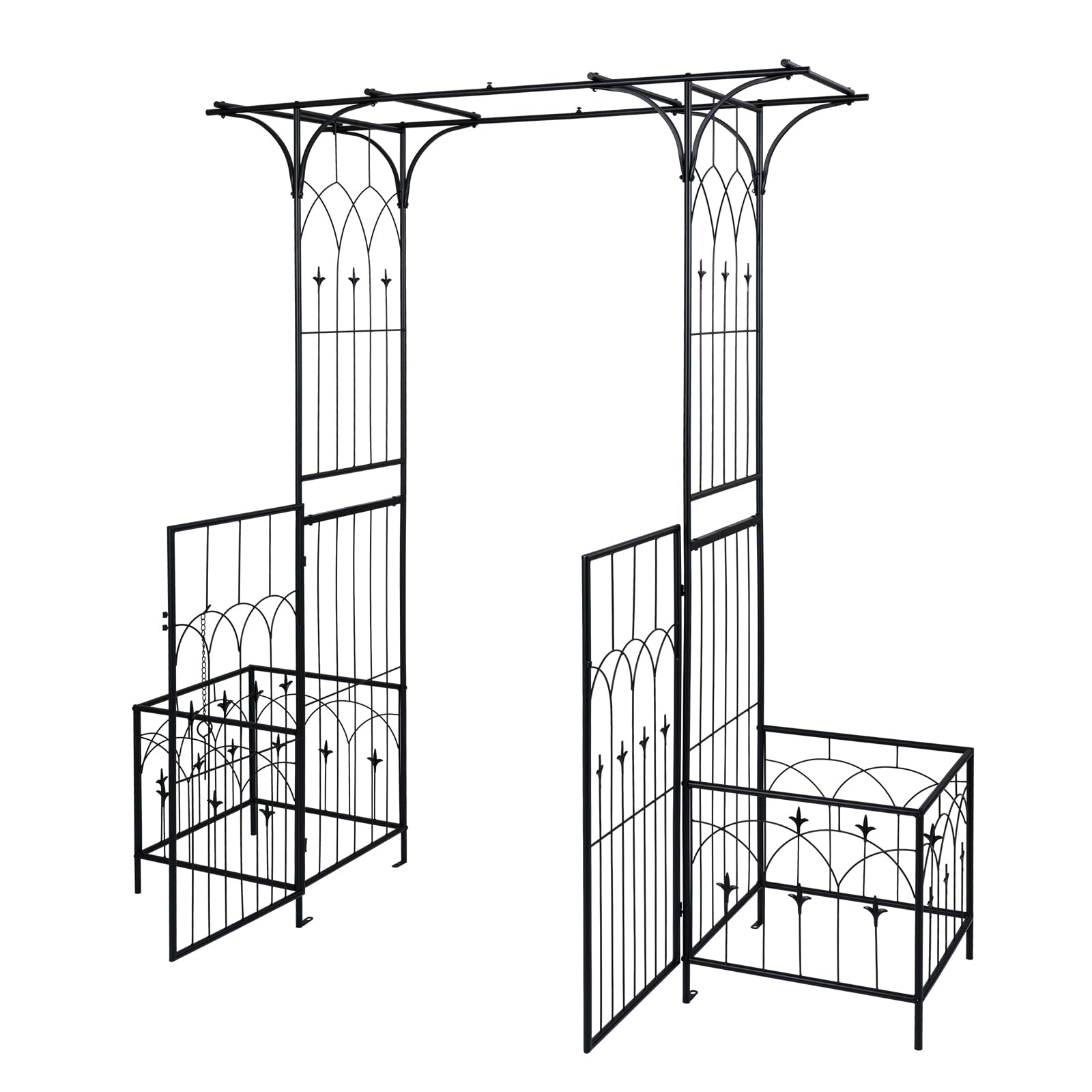 HOMASIS Arco da Giardino per Piante Rampicanti, Pergolato in Metallo con Fioriere, Cancello con Serratura, Decorazione da Esterno per Festa, Cerimonia e Matrimonio, 200 x 51,5 x 206 cm