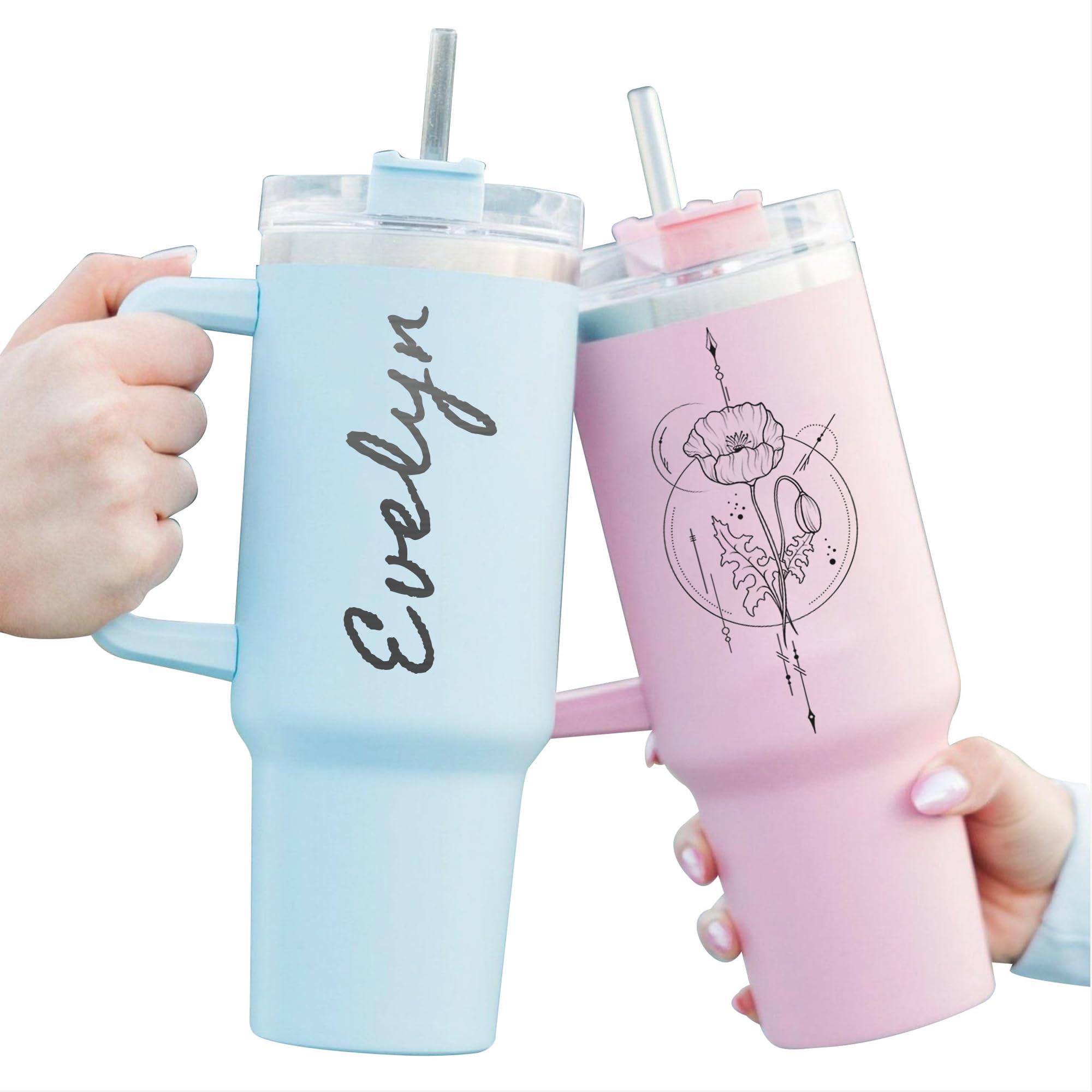 Birth Month Flower Personalized Tumbler 40 oz Laser Engraved, Insulated Cup with Handle, Lid and Straw, Stainless Steel Large Vacuum Insulated -