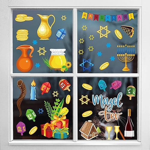 Miniatura 6 de Hanukkah - Calcomanías de ventana de cristal para decoración de menorá y Dreidel, 9 hojas de calcomanías estáticas de Janucá para ventana de aula,