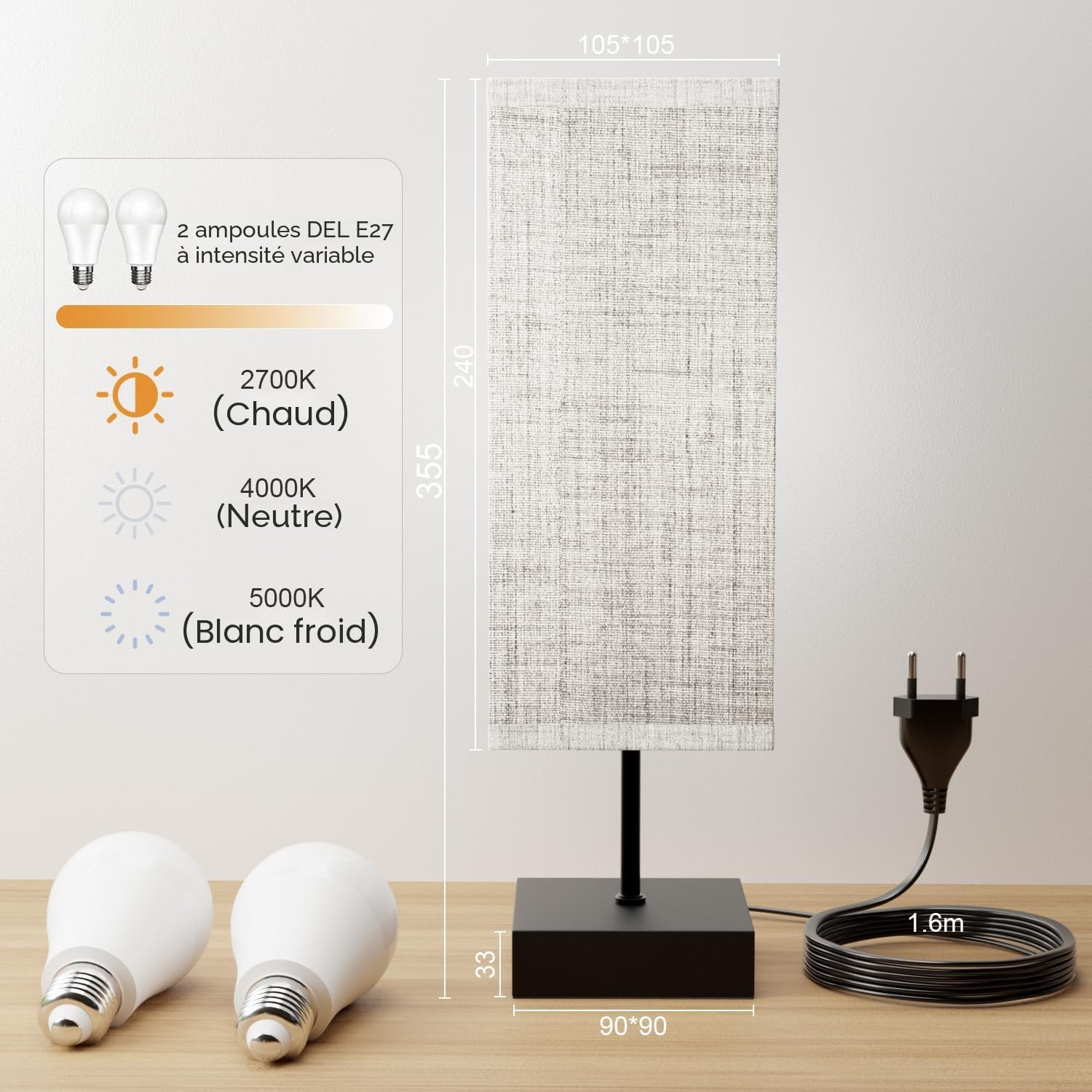 Lampe de Chevet Lot de 2 - Lampe de Bureau avec Contrôle Tactile, Lampe Chevet Chambre avec 2 *Port USB, 3 Tons & 1-100% Gradation, Ampoule Incluses