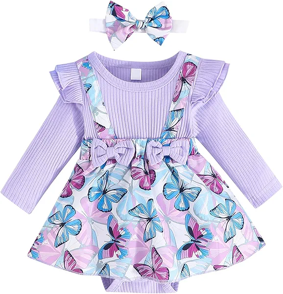 Kunyeah Baby Girl Clothes Outfit Infant Ribbed Bodysuit Long Sleeve Butterfly Print Romper Dress Newborn Skirt with Headband