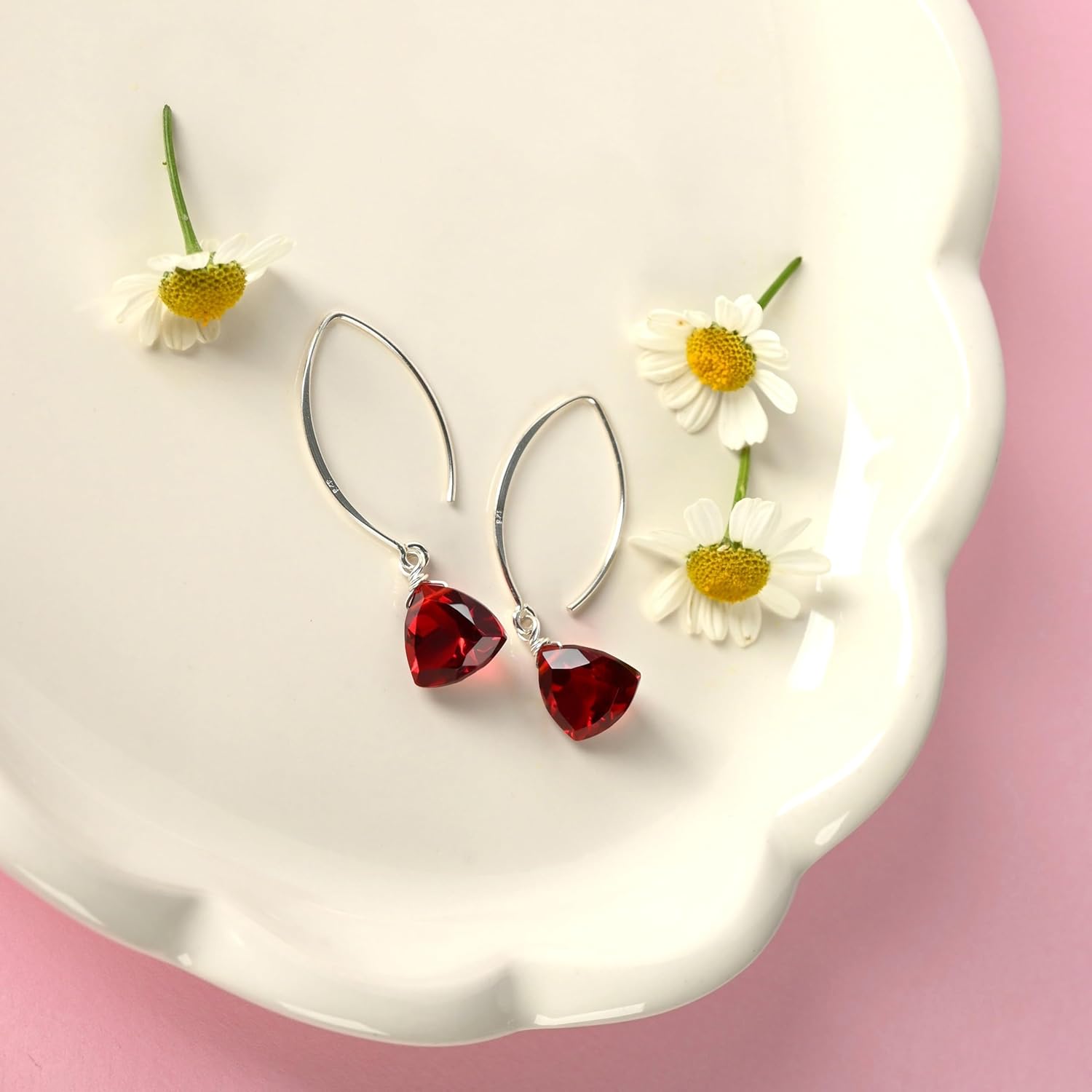 Ruby Red Trillion 14k Gold Plated Sterling Silver Dangle Earrings for Women – Handmade in Utah Red Quartz Gemstone Earrings in Gift Box - Lightweight Vintage Dangling Drop