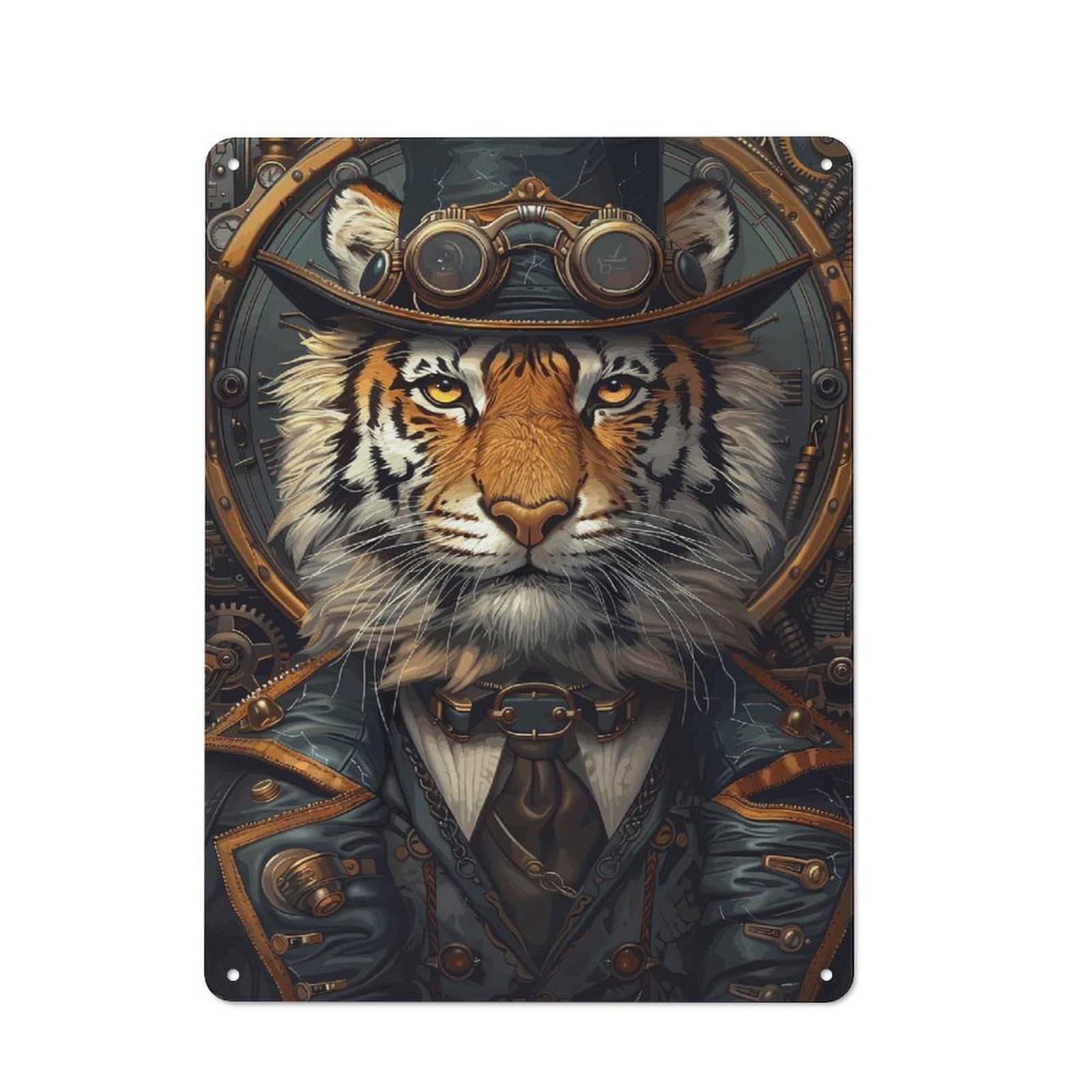 Junmoney Style-5 Steampunk Animal Tiger Rustic Tin Sign 40X30cm For Garden Room Or Summerhouse, For An Autumn Wall Display In Garden Room And Summerhouse