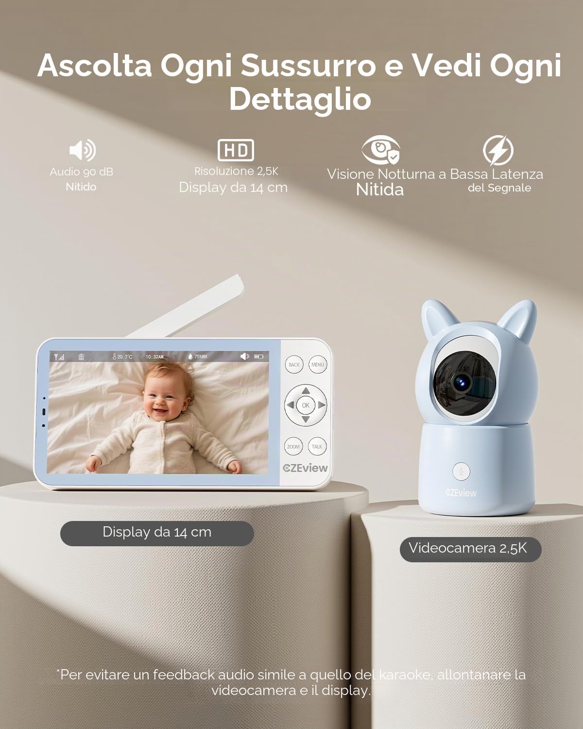 CZEview 5,5" 2.5K Baby Monitor Video e Audio, Luce Notturna & Musica, Telecamera Bambini, Controllo Tramite APP Mobile & Monitor (Blu)
