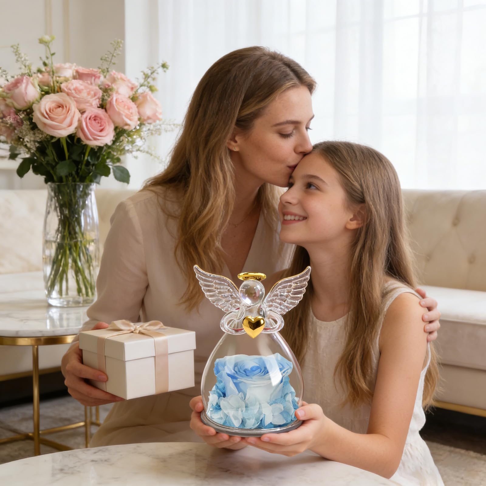 Sunia Rosa Eterna Angelo Donna, Rosa Stabilizzata con Figurine Angelo Regalo Mamma, Angelo Custode Regalo Donna Compleanno, Regali per Lei, Regalo Nonna Natale San Valentino Festa della Mamma