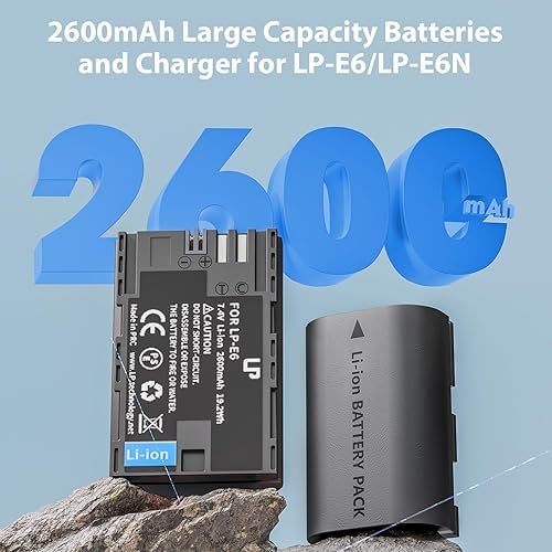 Miniatura 2 de LP LP-E6 LP-E6N Paquete de batería y cargador, paquete de 2 baterías de 2600 mAh compatibles con cámaras Canon EOS 90D, 80D, 70D, 60D, 60DA, 7D Mark