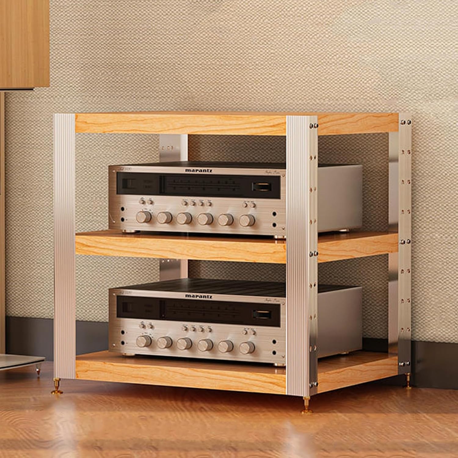 2/3/4-Tier Media Stand, Audio Rack with Adjustable Hole, Media Storage Cabinet, Open Storage TV Stand, for Living, Office/DJ/Theater(Walnut Color,57.5cm/22.6in)