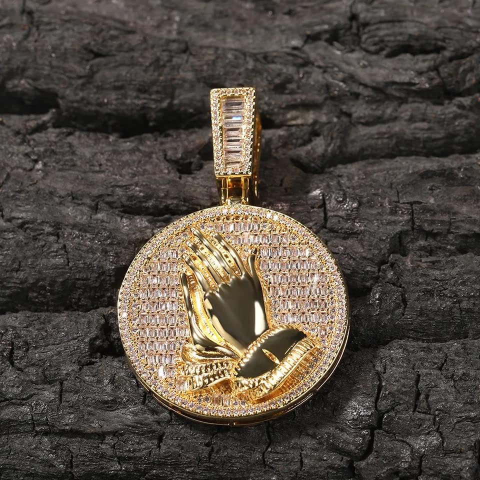 The Jewelers House 14K Gold Finish Simulated Diamond Custom Bling Iced Out Praying Hands Religious Medallion Charm Pendant Necklace, Gift For him, Free Chain