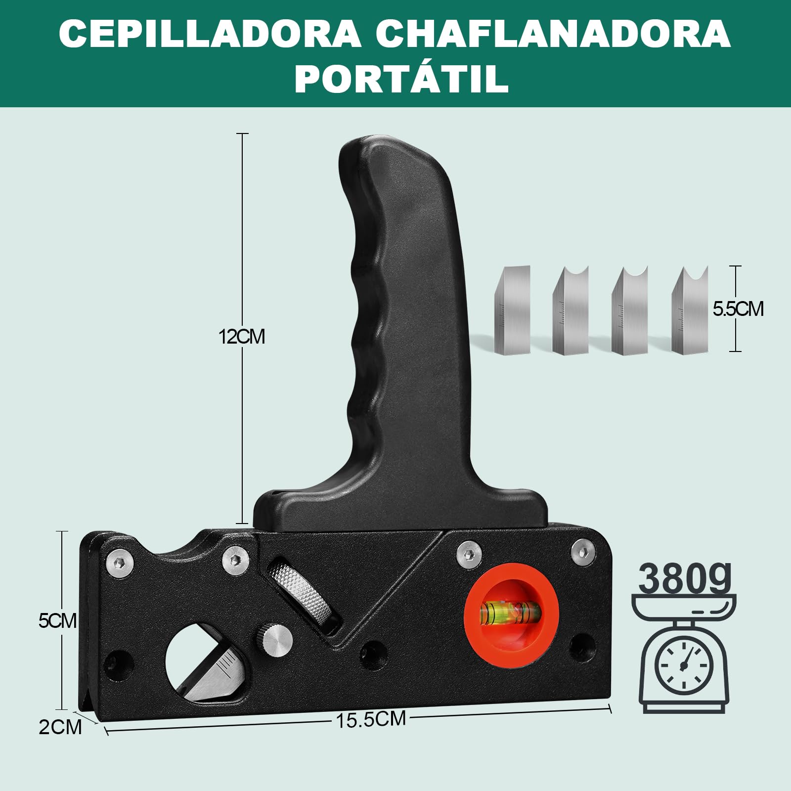 HYCHIKA Cepillo Carpintero, Cepillo para Madera de 45° con 4 Cabezales, Nivel de Burbuja y Mango Ergonómico, Cepilladora de Madera Manual para Cantos y Esquinas, Ideal para Carpinteros y Ebanistas
