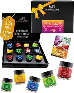 Hallingers Genuss Manufaktur Tee Geschenkset Ostern - 12 Sorten Premium loser Tee im Glas in edler Geschenkbox, vegan & glutenfrei, Tee Set "Fröhliches Osterfest", Geschenkidee für ins Osterkörbchen