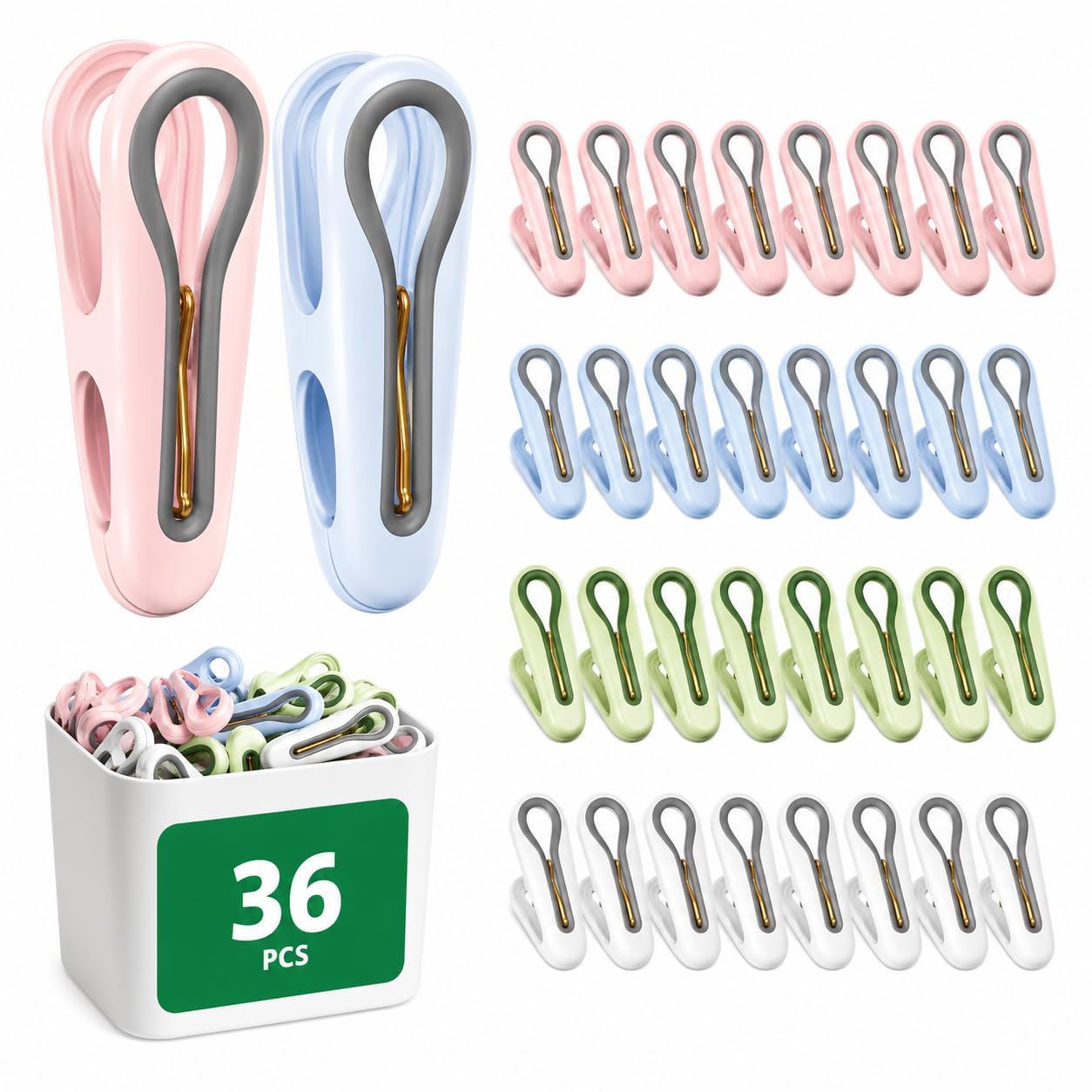 Paquete de 36 pinzas de plástico multicolor con caja de almacenamiento, clips resistentes de 2.5 pulgadas con agarre antideslizante sin rastro, clips de lavandería resistentes al viento para ropa
