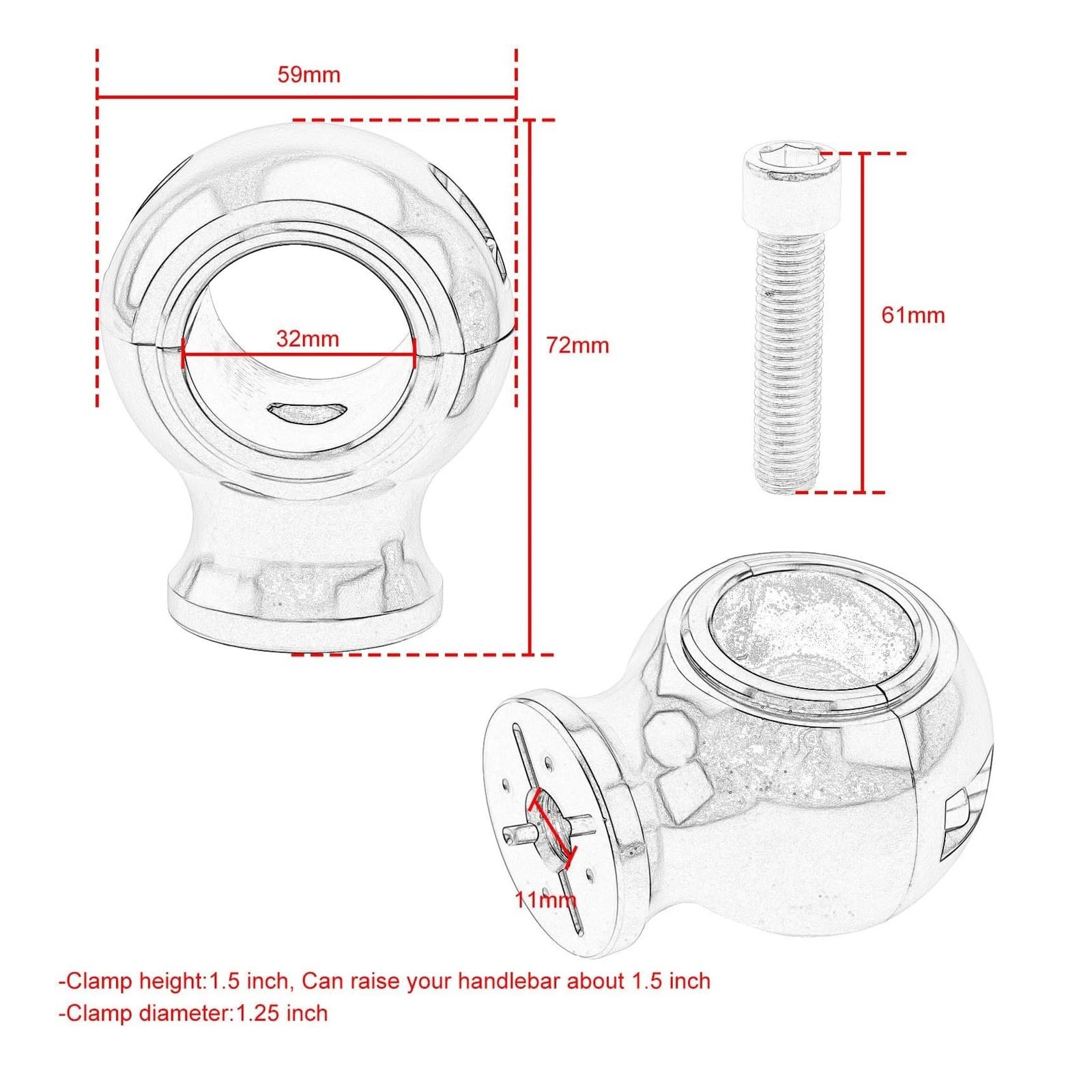 Elevadora Manillar Abrazadera Elevación para Manillar Motocicleta Universal 1-1/4" Y 32 Mm Redonda Gruesa para Shadow para Dyna para Chopper para Bobber(Cromo)