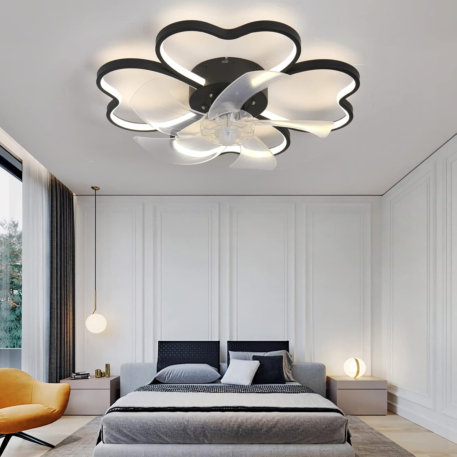 YUEGOO Ceiling Fans with Lamps,Remote Control Led Dimmable Flower Ceiling Fan with Lamp Dc Reversible 6 Speed Fan Light Winter/Summer Mode for Lounge Bedroom/Black/a