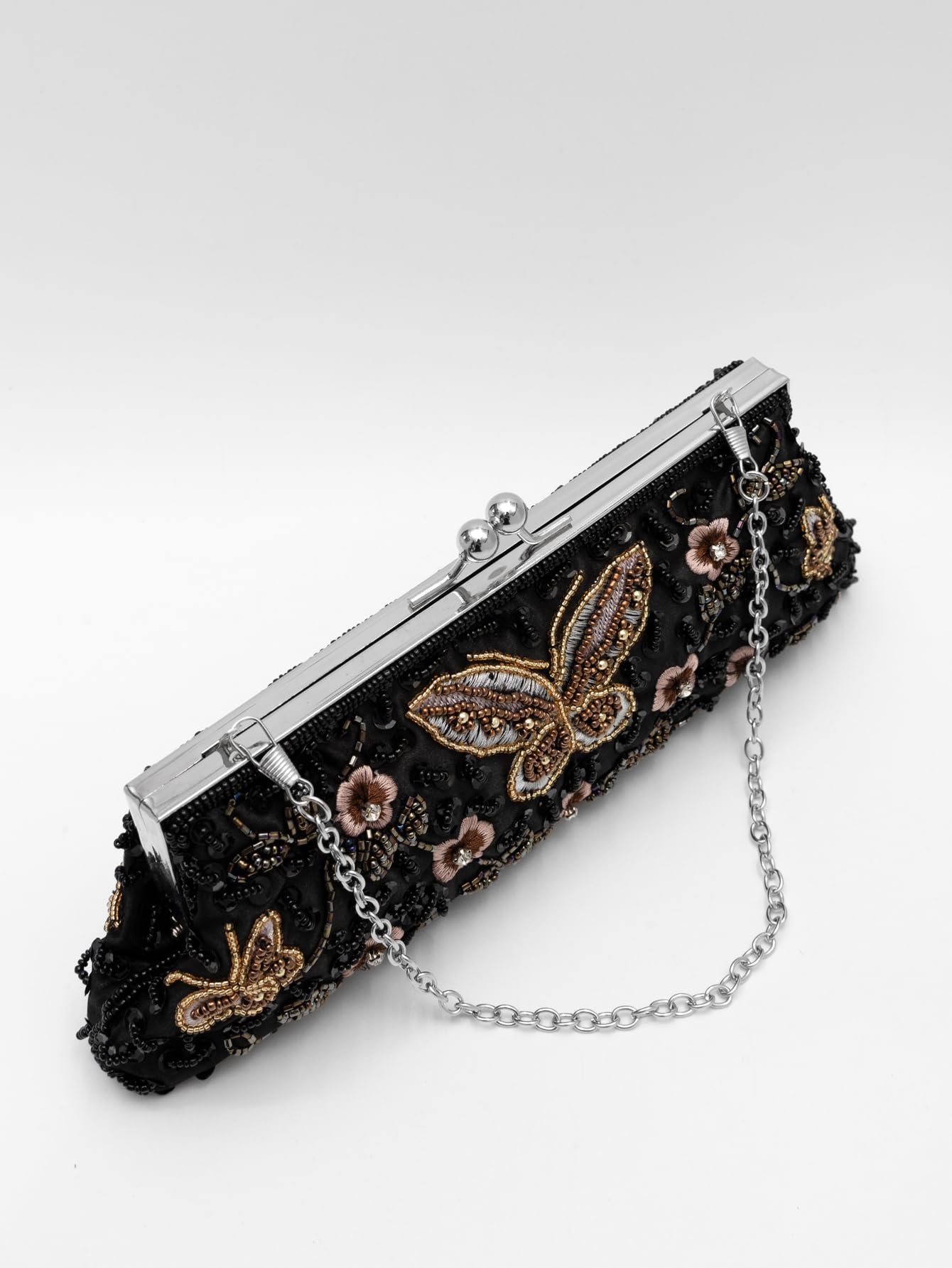 Elegante bolso de noche vintage con cuentas florales y mariposas para mujer, para novias, bailes, fiestas y formales, Negro -, Mini