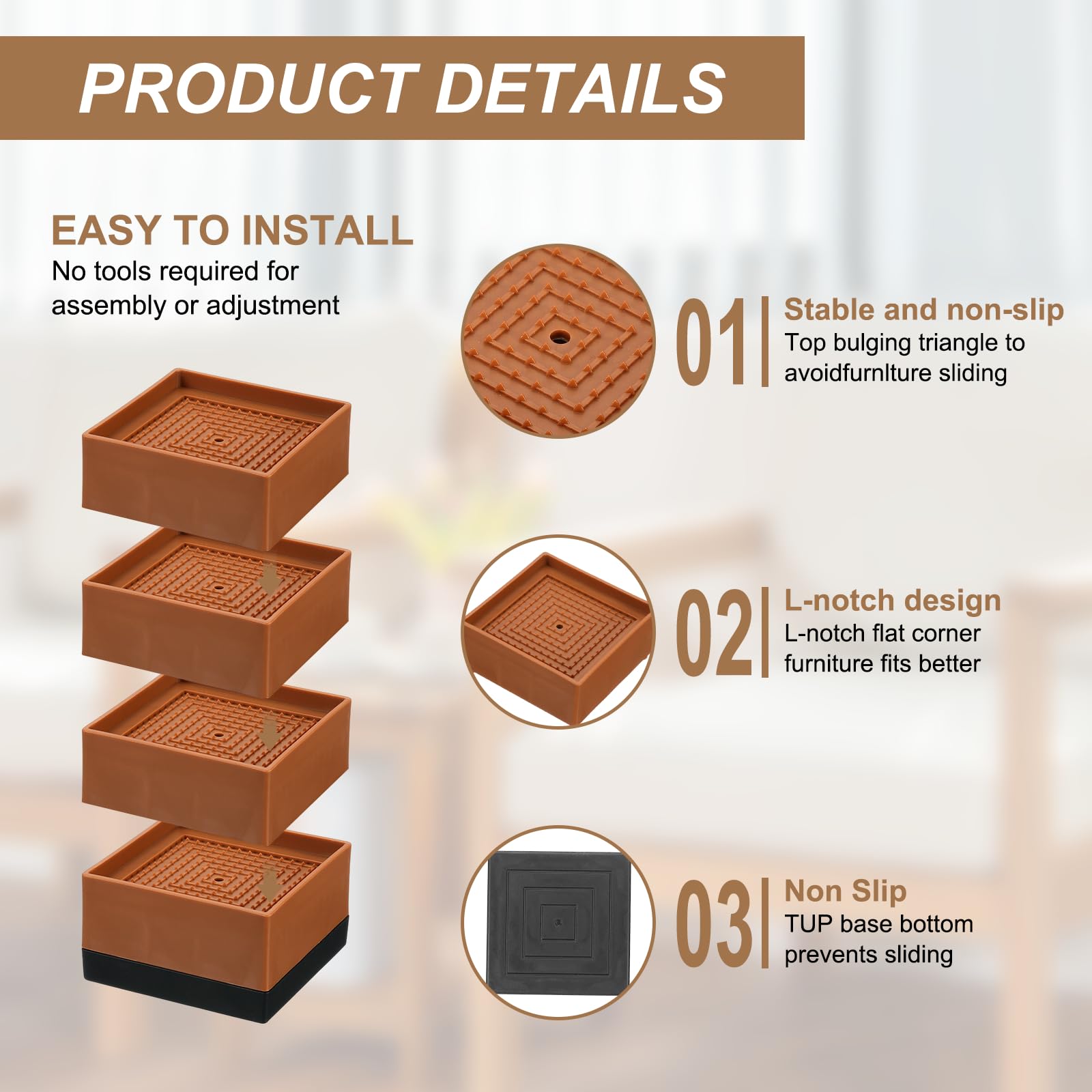 QUARKZMAN 4 Pcs Elevadores Cama Cuadrados Resistentes Y Apilables para Elevar 1.9 Pulgadas Y 3.2 Pulgadas Elevadores Muebles Plástico para Patas Escritorio Silla Mesa Refrigerador Marrón