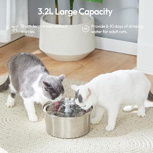 Miniatura 5 de UPETCASL Fuente de agua para gatos de acero inoxidable, 3.2L108 onzas, fuente de agua para mascotas para gatos en el interior con dos grifos, bomba
