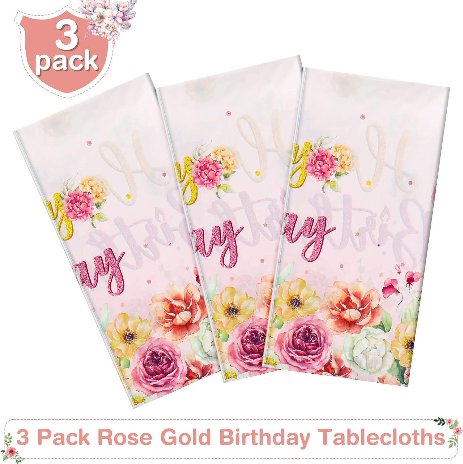 Oudain 3 Pieces Flower Birthday Party Table Cloth Plastic Pink Floral Tablecloth Disposable Rectangular Pink Happy Birthday Table Cover for Baby Girls Women Party Decor, 54 x 108 Inch
