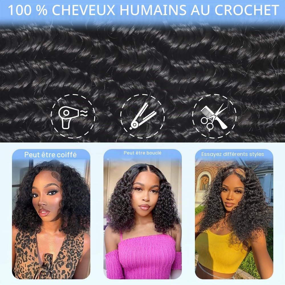 Renyarch Feather Crochet Human Hair Bundles 14 Pouces Deep Wave Meche 125g 100 Pcs Noir Naturel Wet and Wavy Invisible Crochet Bouclé Naturel Cheveux Humain Curly