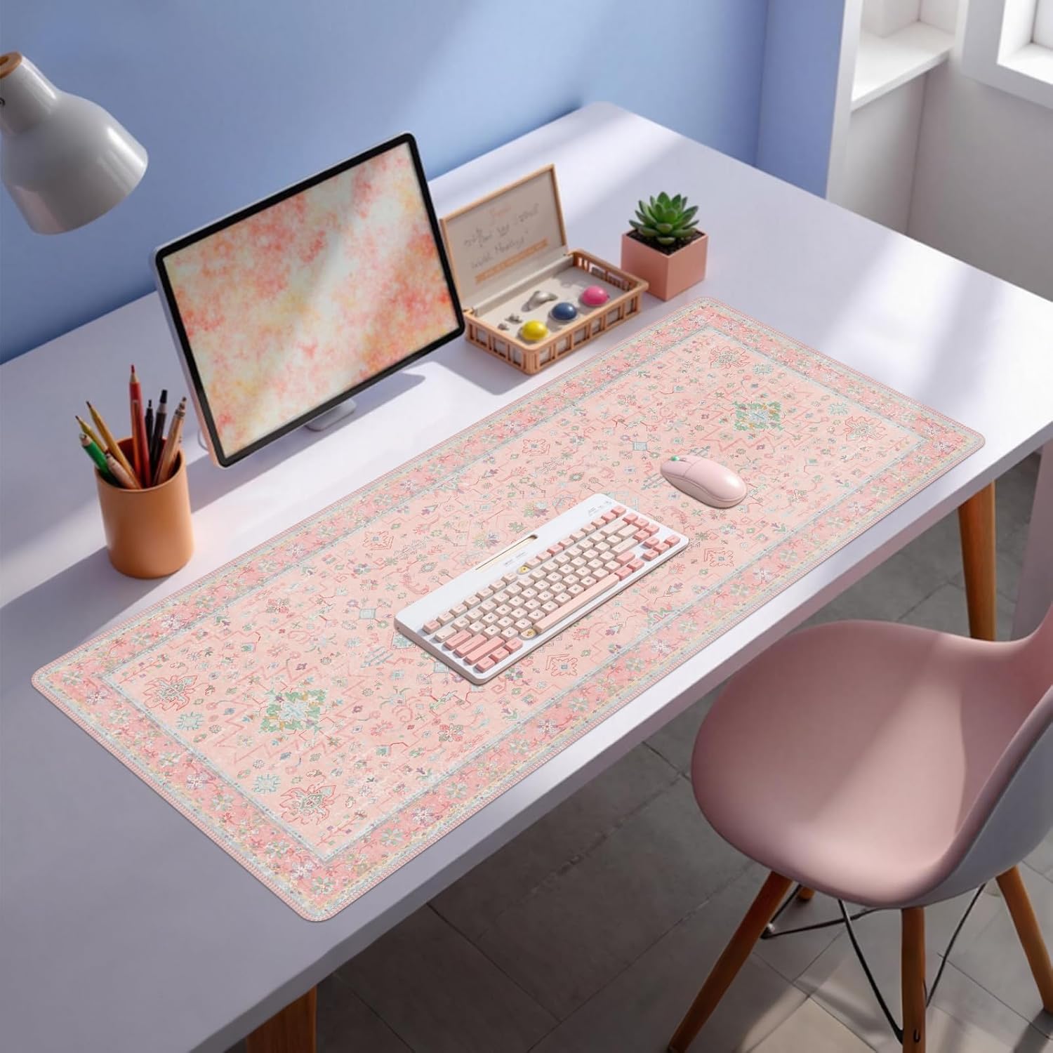 Baziabbo Pink Floral Desk Mat,XXL Extended Big Mouse Pad,Gaming Mousepad with Stitched Edge,Non-Slip Rubber Base Keyboard Desk Pad for Home Office Study Game - Image 6