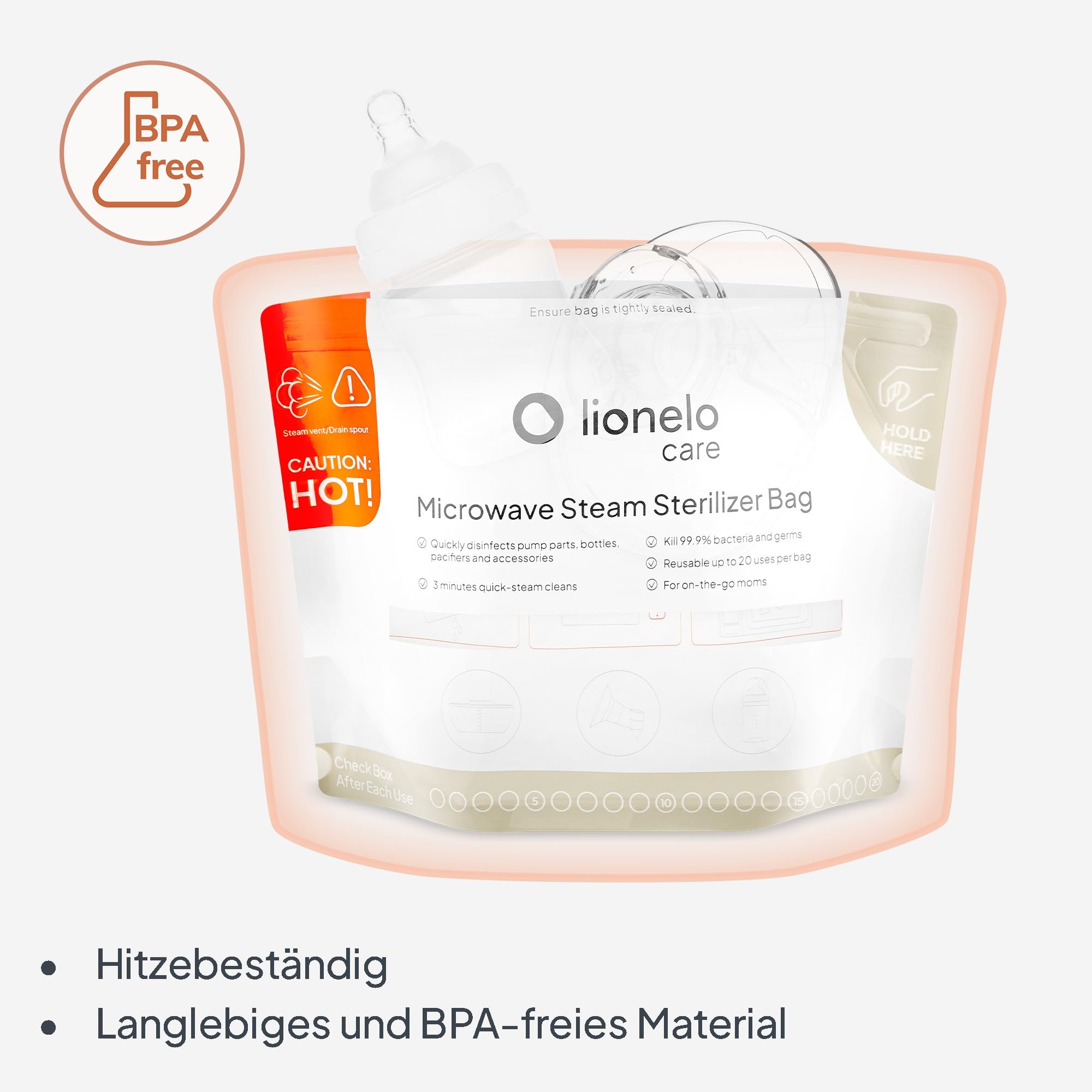 LIONELO ThermBag 8er-Pack Mikrowellen-Sterilisationsbeutel – Wiederverwendbar, BPA-frei – Für Babyflaschen, Schnuller, Milchpumpen – 90 Sek. Schnellsterilisation, Ideal auf Reisen