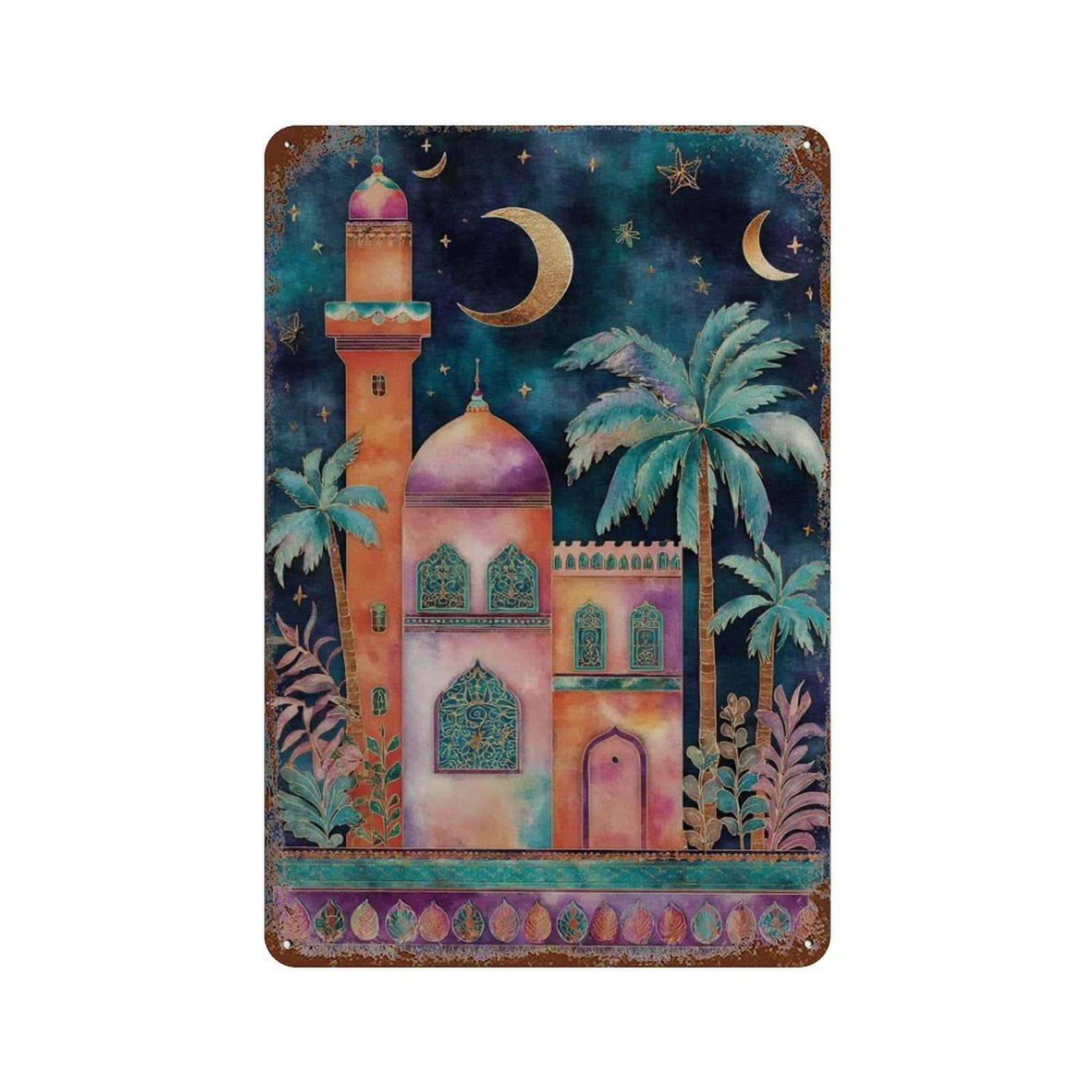 xiaoxiaoshen Moorish Palace Moroccan Night Crescent Moon Exotic Architecture Dreamy Arabian Wall Decor Art Metal Tin Poster Modern Home Decor Art Home Bar Shop Decorations Vintage Sign 30x20cm