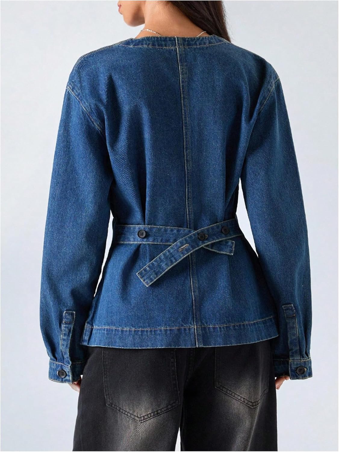 WDIRARA Women's V Neck Button Down Jean Jackets Cinch Waist Long Sleeve Denim Jacket Outerwear - Image 3