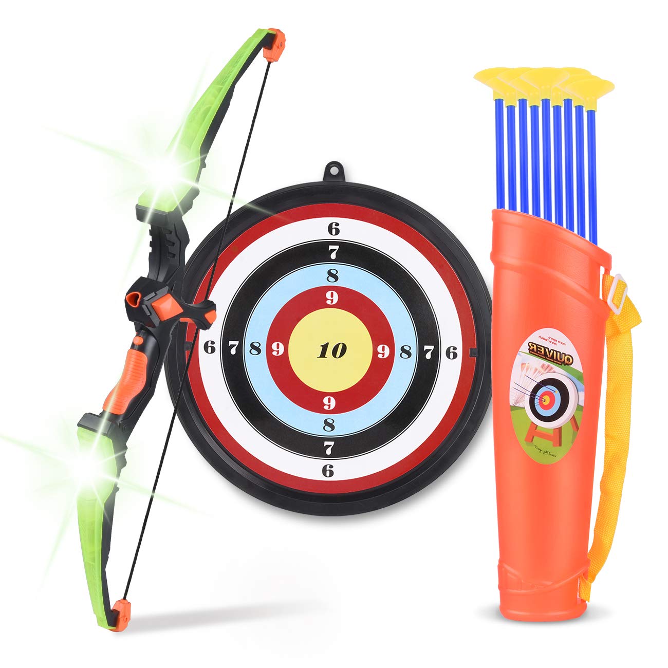 HELLO PAPAYA 2Sets Bow and Arrows for Kids Archery Sets for Kids with LED Flash Lights,2Bow 12Suction Cups Arrows 2 Target,Quiver,3-12Years Boys and Girls Hunting Toys