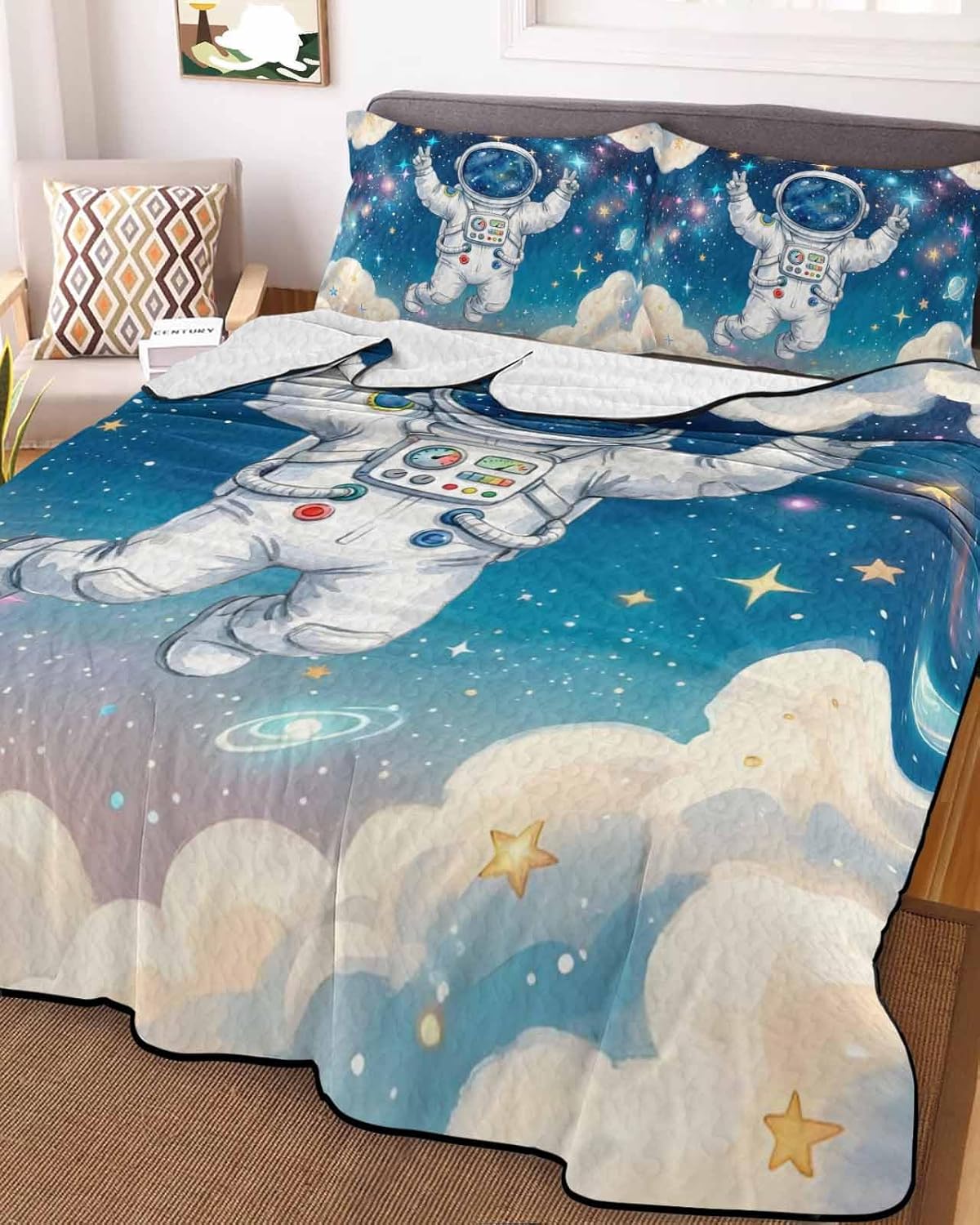 Twin XL Quilt Bedding Set, Children's Day Lightweight Summer Quilt 3 Pieces Bedding Sets, Galaxy Universe Stars Starry Sky Astraunt Reversible Soft Bedspreads Coverlets with 2 Pillow Shams