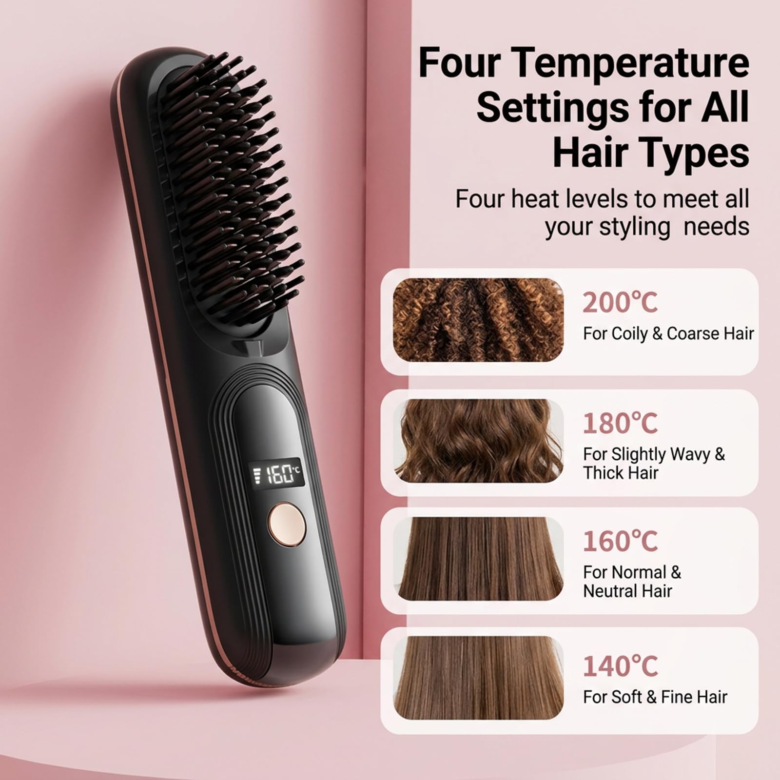 Spazzola Lisciante per Capelli Spazzola Lisciante Senza Fili Pettine per Riscaldamento Elettrico Riscaldamento Rapido 4 Livelli di Temperatura con Display a LED, per Viaggi e Uso Domestico