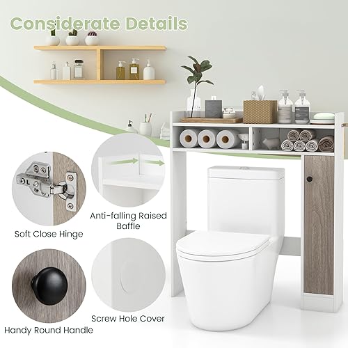 Miniatura 7 de Giantex Gabinete de almacenamiento sobre el inodoro, organizador de baño independiente con gabinete de una sola puerta y estantes abiertos, estante