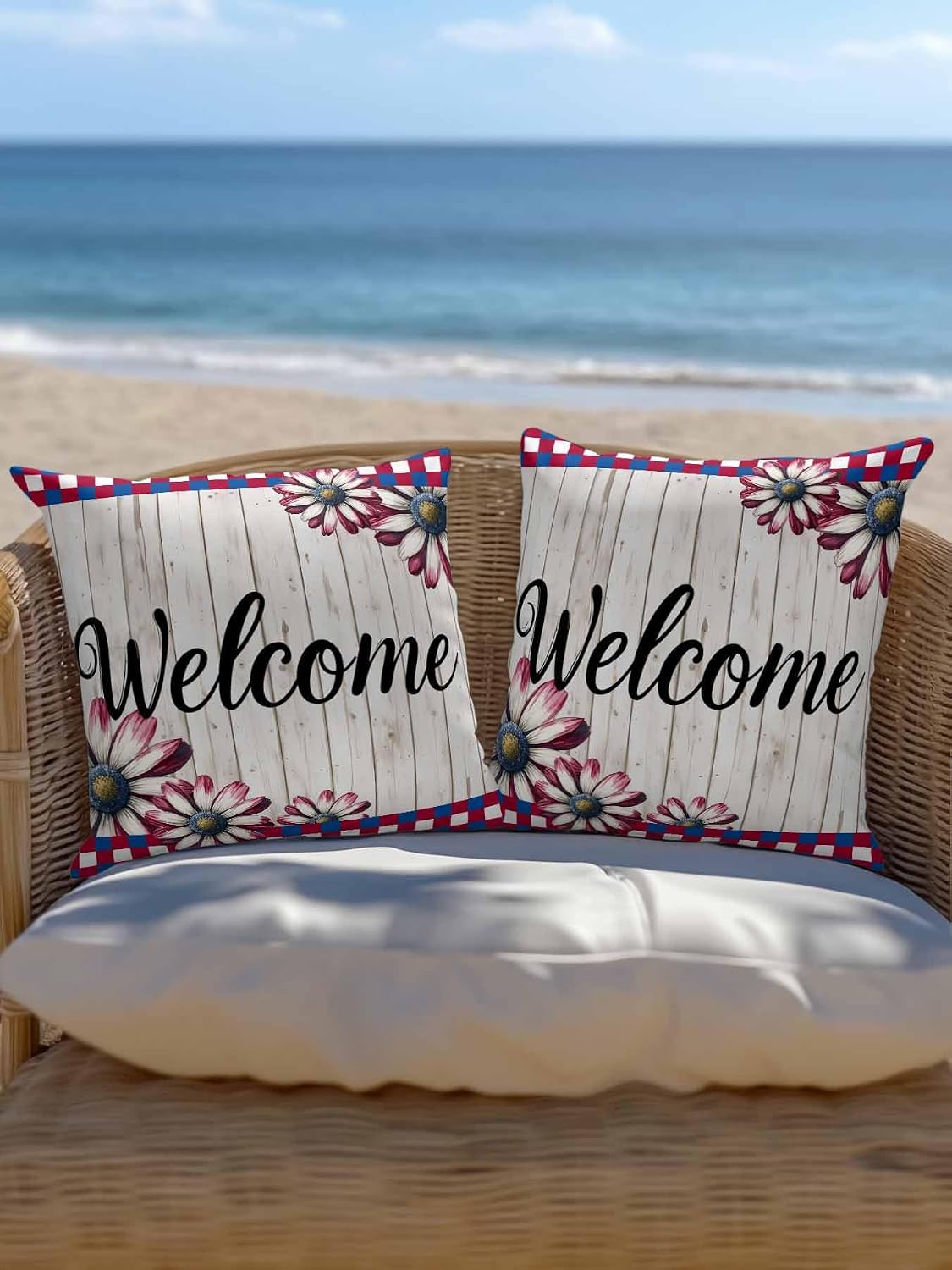 Outdoor Pillows Waterproof, Red Blue Daisy Bedding Throw Pillows with Insert for Couch Sofa Bed, Welcome Plaid Vintage 4th of July 16x16 Inch Pillowcases Camping Patio Pillow Set of 2