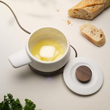 Fondi Self-Heating Ceramic Fondue Set Jasmine White | 7.6 fl oz / 225 mL Self-Heating Cheese & Chocolate Fondue with Heating Pad
