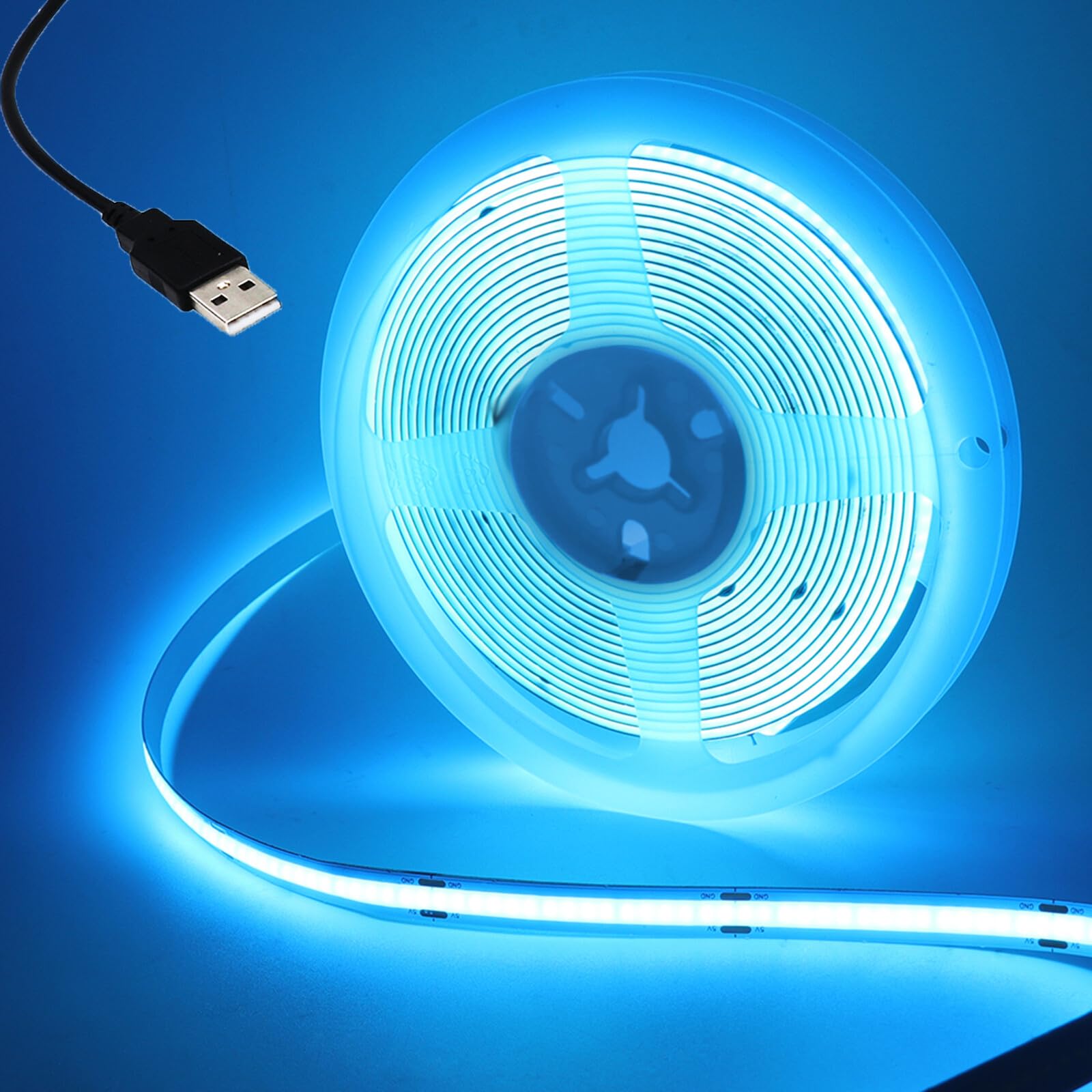 Wisada 5V USB COB LED Strip [2M, Ice Blue], USB Powered, 320 LEDs/M Cuttable Flexible FCOB LED Fairy Light CRI85+, Bedroom Cabinet Kitchen TV Background Decoration-Power Supply Not Included