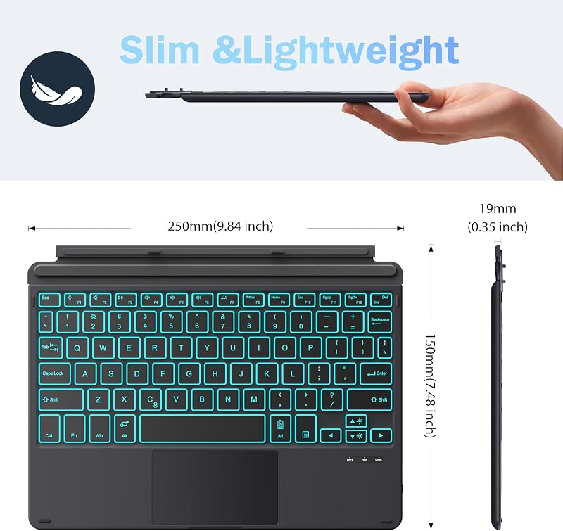 MoKo Bluetooth Billentyűzet Tok Surface Go 4/3/2/2018 Modellekhez, 7 Színű LED Háttérvilágítás, Érintőpaddal, Újratölthető Akkumulátor, Feke