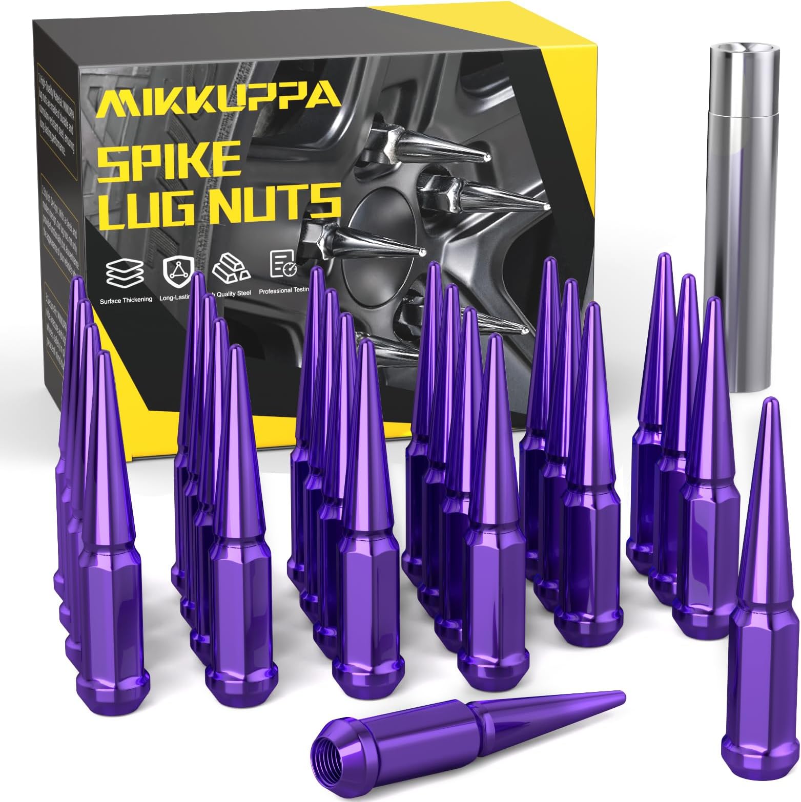 MIKKUPPA M14 x 1.5 Purple Spike Lug Nuts - 24PCS Closed End Lug Nut Set, Compatible with 1999-2022 Chevrolet Silverado, 2001-2022 Chevrolet Tahoe& More，3/4" Hex Spiked Lug Nut with 1 Socket Key
