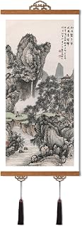 ZQLFLFRM ORIENTAL WALL ART Scroll Painting - 80cm x 40cm Chinese Landscape Canvas Art, Brass Hanger & Brown Fringe, Perfect Asian Decor for Room
