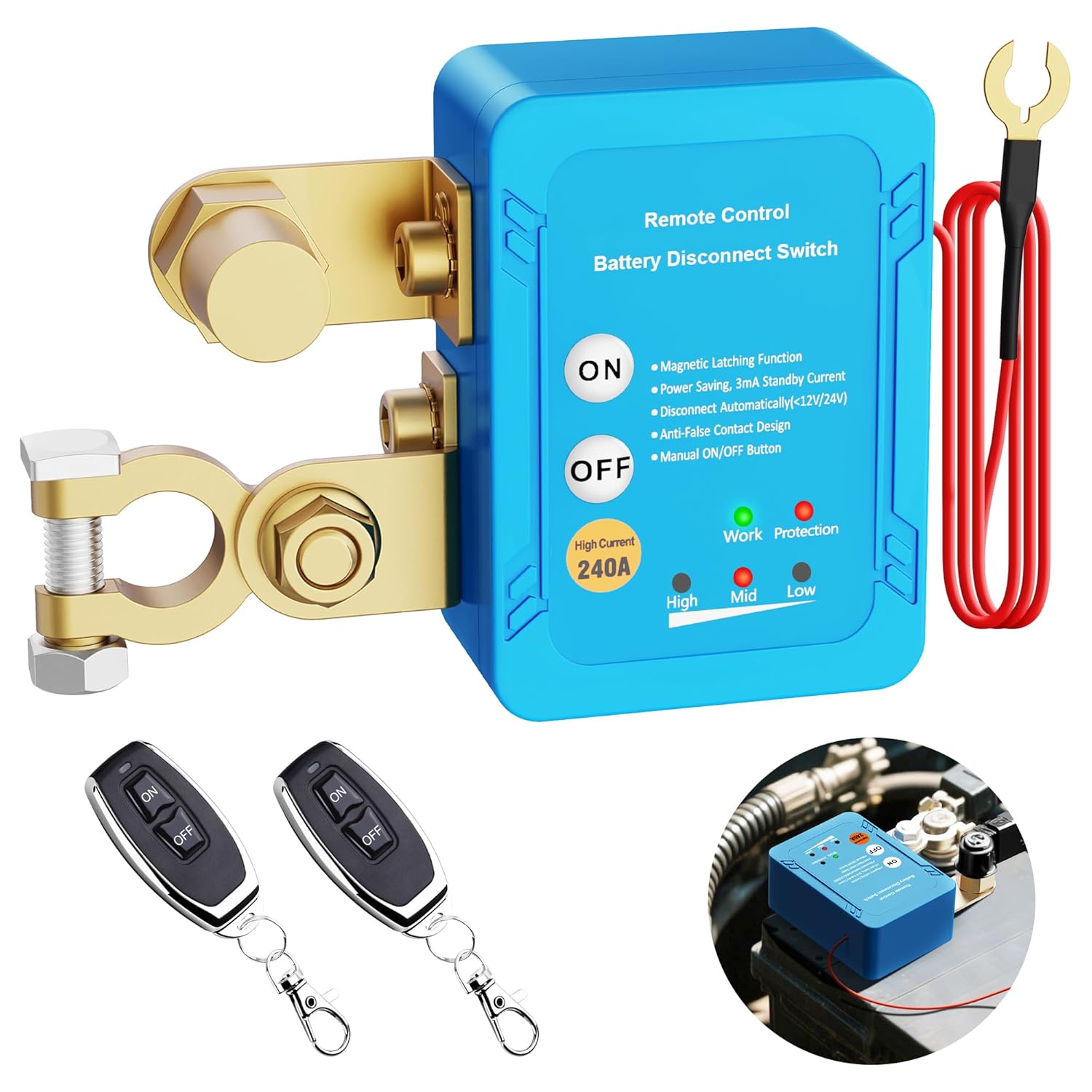 Kill Switch for Car, 12V 240A Car Battery Remote Disconnect Switch, Smart Voltage Car Kill Switch Anti-Theft Battery Shut Off Switch for Auto Truck Marine RV ATV