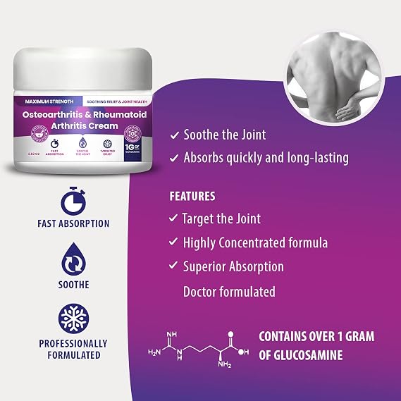 Osteoarthritis And Rhematoid Arthritis Cream By PMT Soothing Relief For Your Knees and Hands. Includes 1 Gram Of Glucosamine; Arnica, Arginine, Glucosamine, Aloe - Cooling relief for Hands and Knees