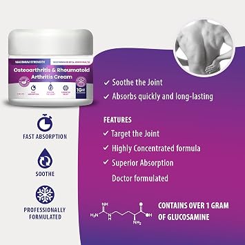 Osteoarthritis And Rhematoid Arthritis Cream By PMT Soothing Relief For Your Knees and Hands. Includes 1 Gram Of Glucosamine; Arnica, Arginine, Glucosamine, Aloe - Cooling relief for Hands and Knees