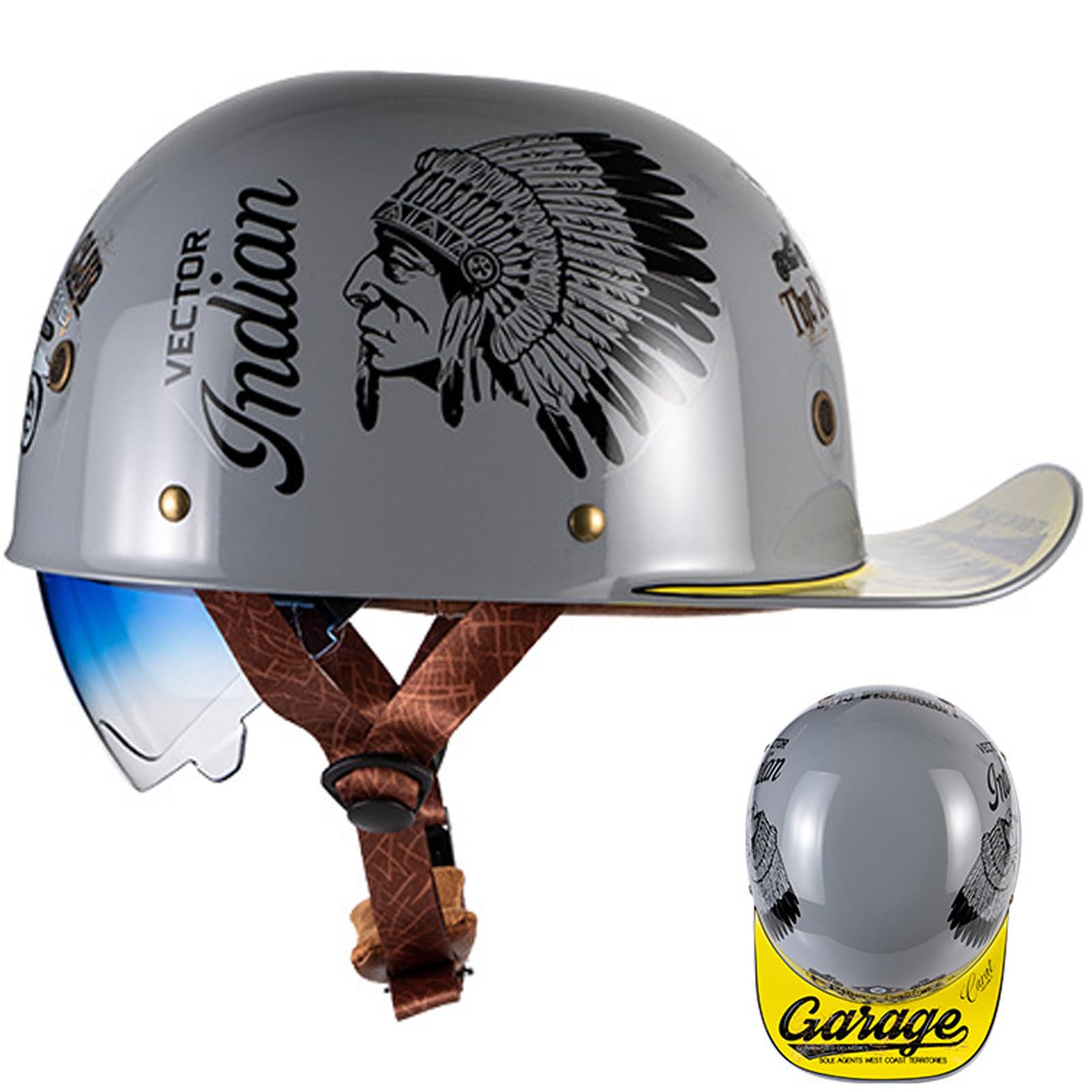 Półkask motocyklowy typu jet, kask półskorupowy z ECE Retro Brain Cap półotwarty kask na skuter, chopper, kask baseballowy z marginesem, 53-64 cm