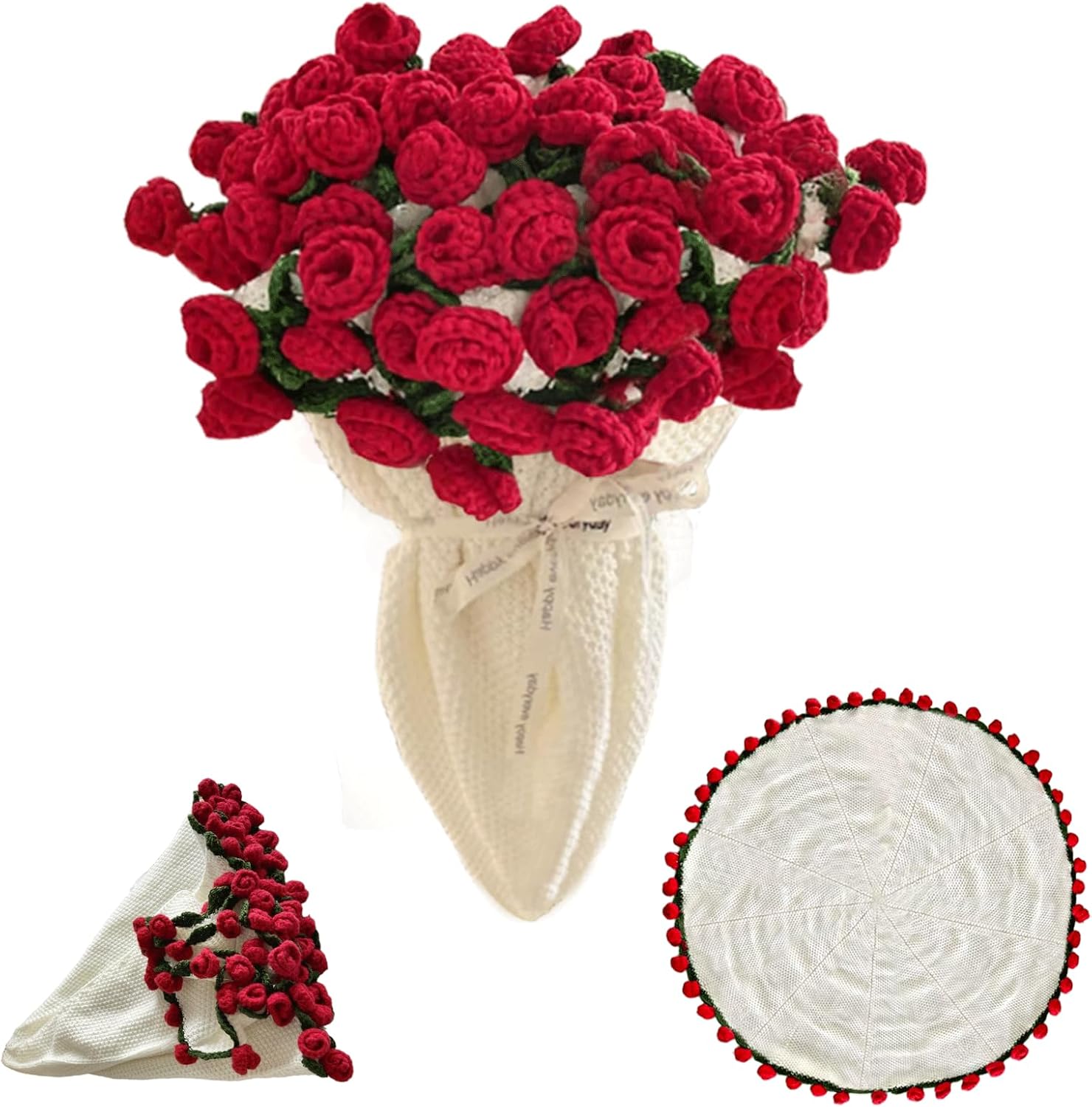 Handmade Crochet Flower Bouquet Blanket - 43.31" Soft Lightweight Round Throw, Romantic Knitted Home Decor, Great Gift for Women, Birthday, Valentine's Day, Christmas