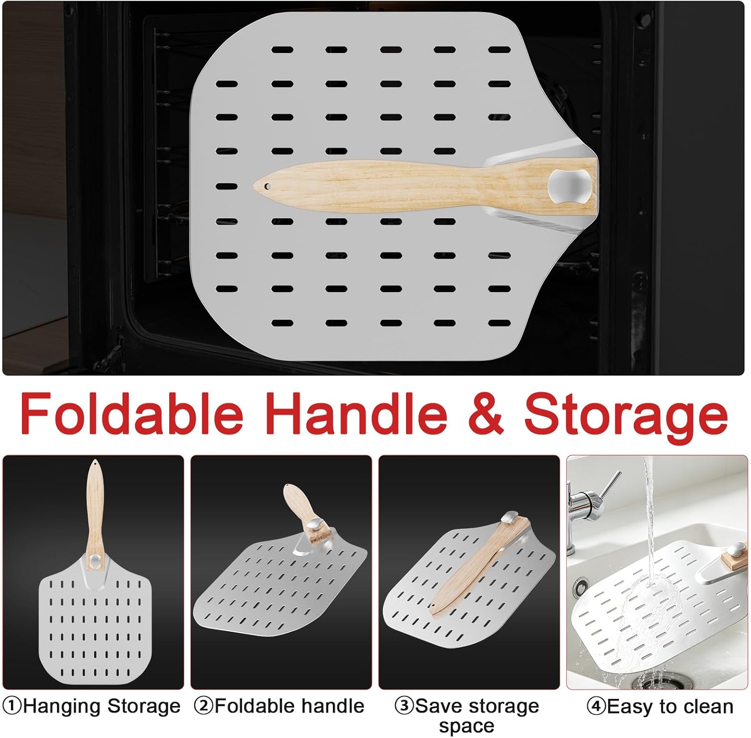 4 PCS Pizza Oven Accessories, 12x14in Perforated Pizza Peel Set