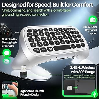 TNP Wireless Keypad Chatpad for Xbox One Controller S/X & Series S/X - 2.4GHz Mini Plug-and-Play with USB Receiver, 3.5mm Audio Jack, Message Text Pad for Xbox Controller Keyboard Attachment (White)