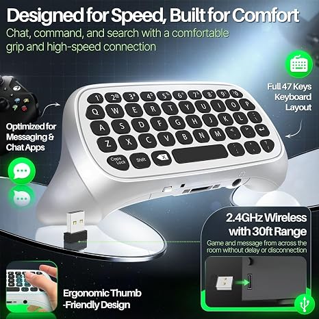 TNP Wireless Keypad Chatpad for Xbox One Controller S/X & Series S/X - 2.4GHz Mini Plug-and-Play with USB Receiver, 3.5mm Audio Jack, Message Text Pad for Xbox Controller Keyboard Attachment (White)