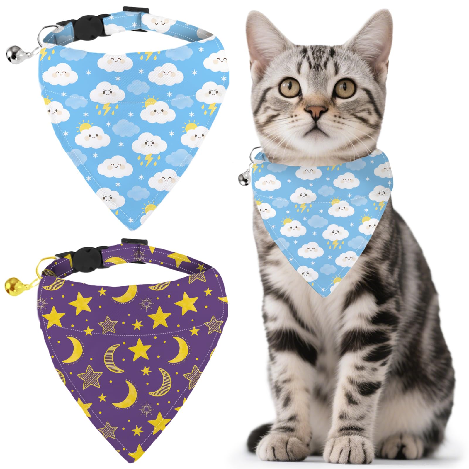 GLOBLELAND 2 Pack Stars Moon Dog Bandana Collar Pet Triangle Bibs with Bell Clouds Adjustable Dog Collar Cat Collars Scarf for Pets Kittens Puppy Cats Dogs