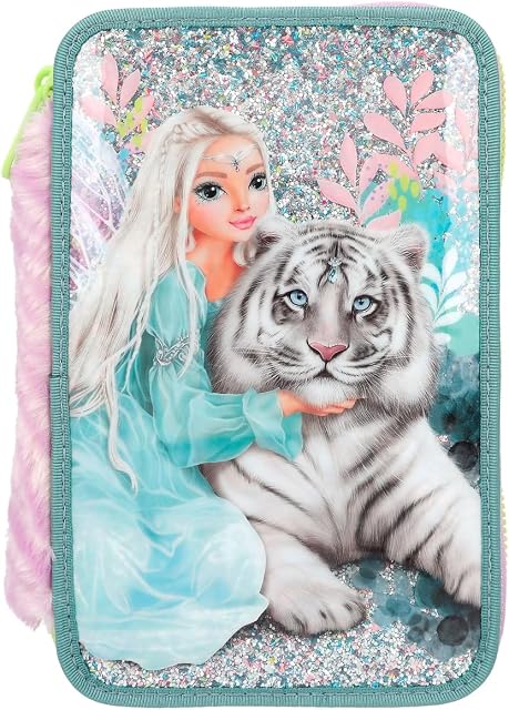 Depesche 12494 TOPModel Fantasy Tiger - wypełniony 3-komorowy piórnik z futrzaną aplikacją i brokatem, piórnik z kolorowymi kredkami, nożyczkami, linijką itp.