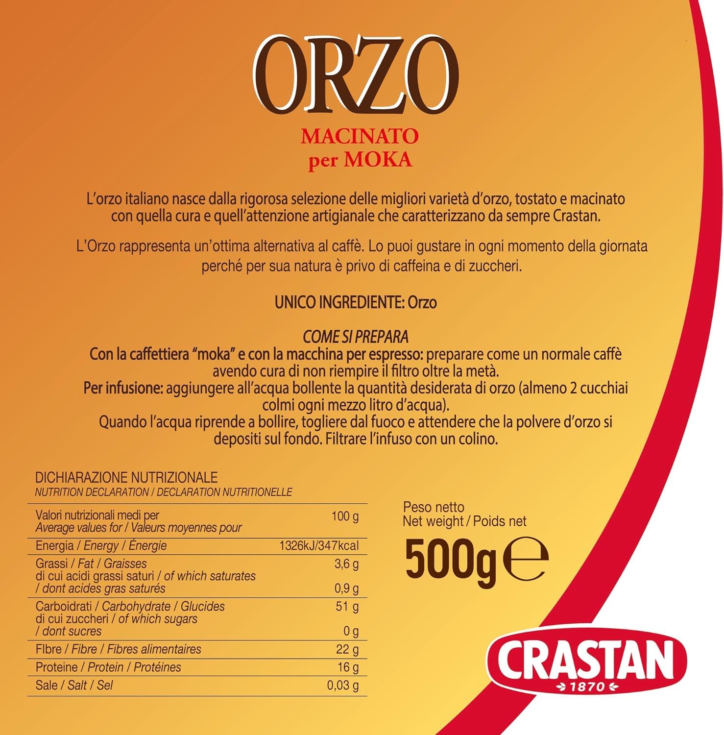 Crastan Orzo moka, Geröstete und gemahlene Gerste für Mokka, Gerste Getreidekaffee Kaffee 6x 500gr + Italian Gourmet polpa 400g